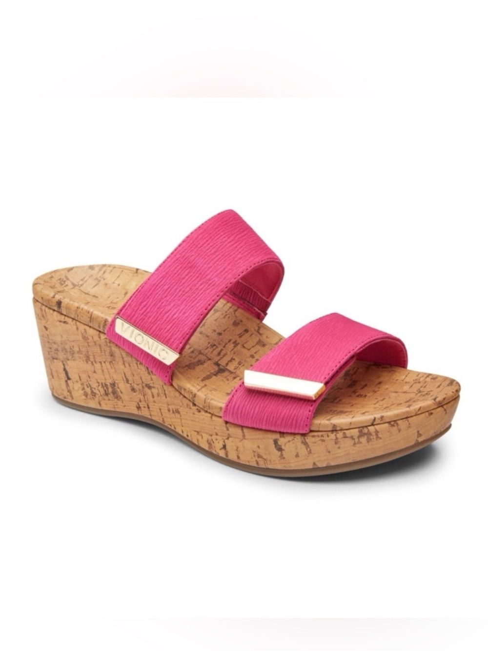 Vionic Pepper Ruched Hot Pink Wedge Sandals Adj Velcro Closure Gold Hardware 9W